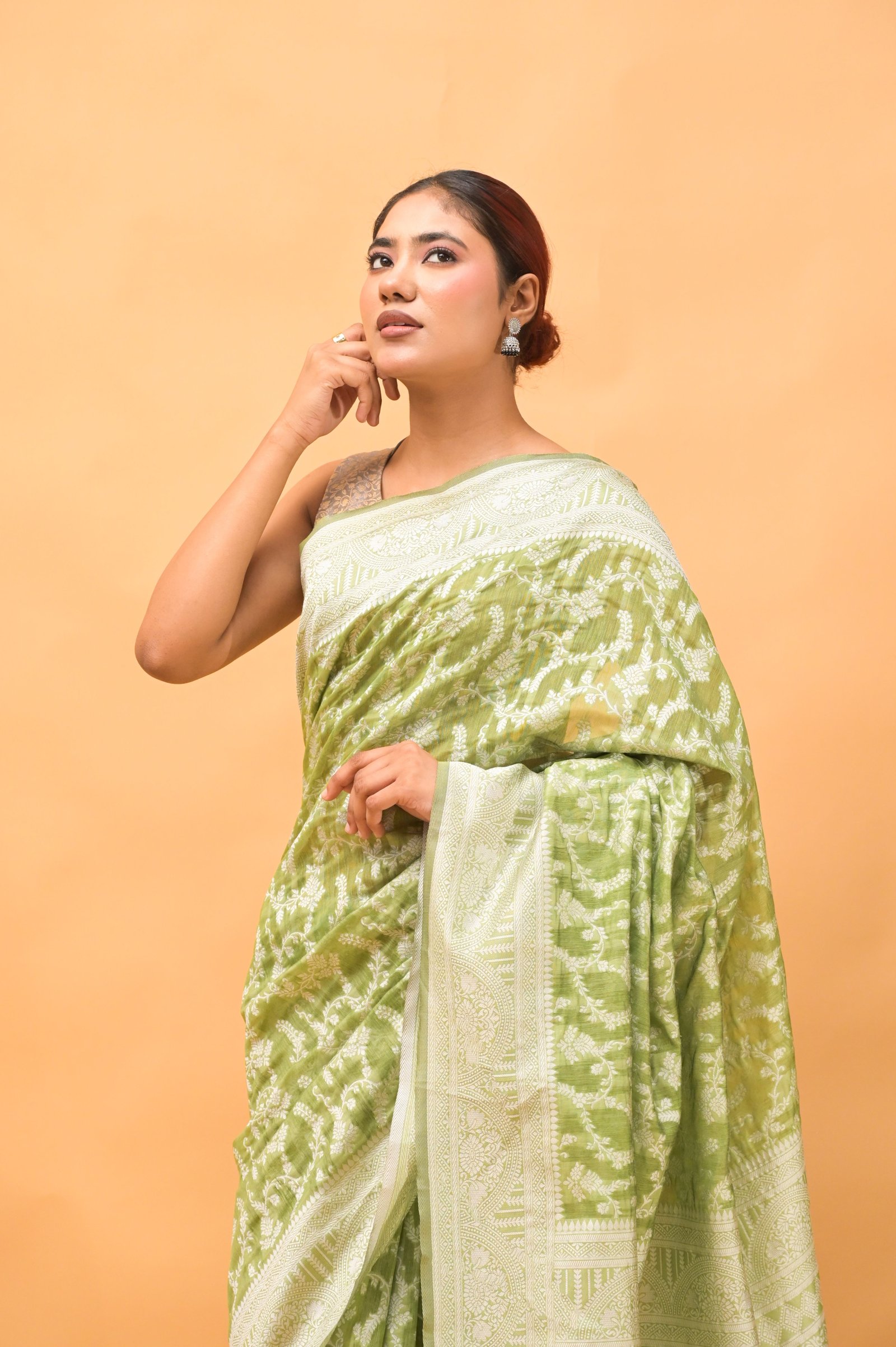 Leaf Jaal Olive Green Pure Cotton Saree With Strip Blouse